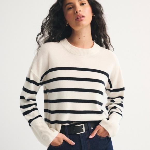 Zara Sweaters - Zara Cream and Navy Striped Crewneck Sweater